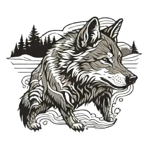 wolf in the snow with a reflection of a man in a lake and mountains in the background tattoo design idea