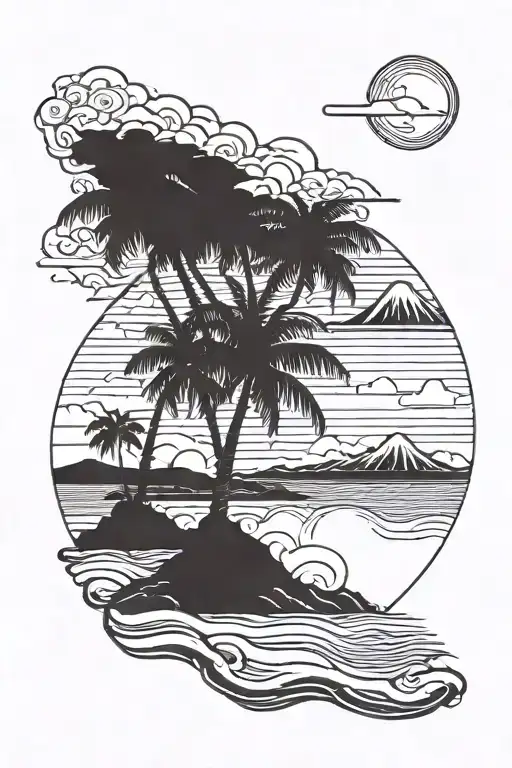 beach with palm tree and volcano in the background tattoo design idea