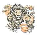 male and female lion with trees and sunset tattoo design idea
