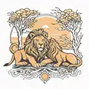 male and female lion with trees and sunset tattoo design idea