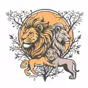 male and female lion with trees and sunset tattoo design idea