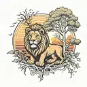 male and female lion with trees and sunset tattoo design idea