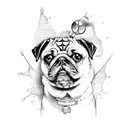 pug outline, deathly hallows, watercolour splash tattoo design idea