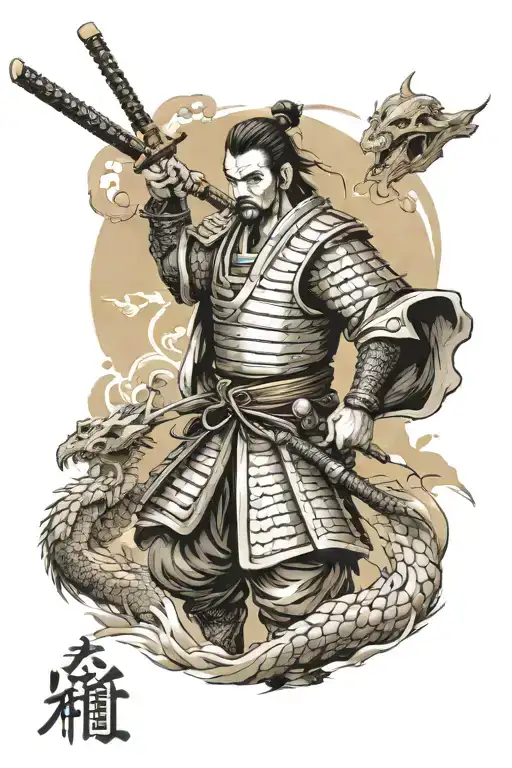 a samurai without a mask without a helmet in battle with a sword in hand, a Japanese temple, a dragon and a papyrus with tattoo design idea