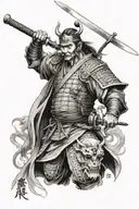 a samurai without a mask without a helmet in battle with a sword in hand, a Japanese temple, a dragon and a papyrus with tattoo design idea