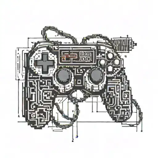 A pixelated retro video game controller intertwined with computer code symbols tattoo design idea