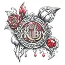the word Ruby in gold and silver melting away. gems and diamonds  tattoo design idea
