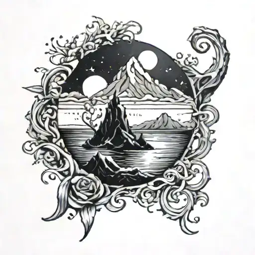 sea ​​and mountain and witchcraft tattoo design idea
