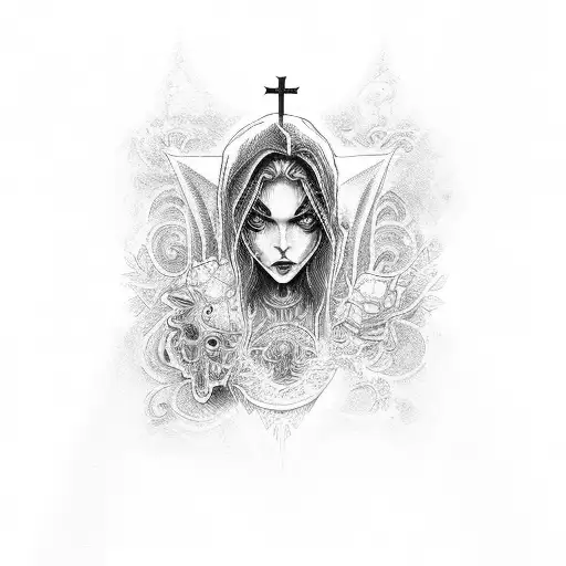woman demon with reversed cross tattoo design idea