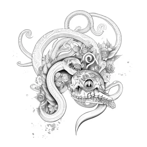 serpente com varias flores no corpo e uma caveira tattoo design idea