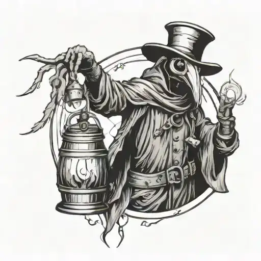 Plague Doctor, full body, beer barrel behind, hops and his belt, and an oil lamp on his hand tattoo design idea