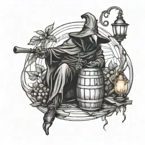 Plague Doctor, full body, beer barrel behind, hops and his belt, and an oil lamp on his hand tattoo design idea