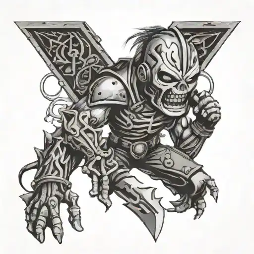 Iron Maiden inspired character in an animated style, surrounded by gaming symbols tattoo design idea