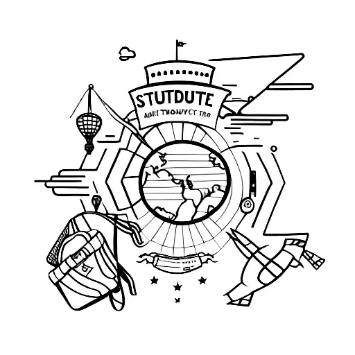 A silhouette of a student backpack with travel destinations as patches tattoo design idea