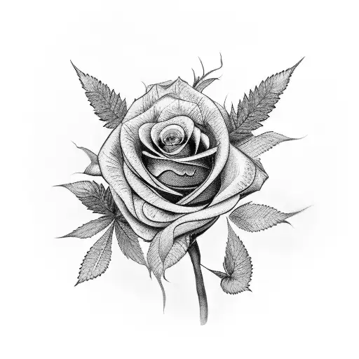 A black-grey tattoo of a hand holding a bouquet of roses made of dollar bills and weed leaves tattoo design idea