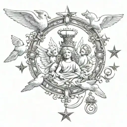Doves , Cherubs , Angels , Diamonds , Crown , Queen , Religious , Moon , Sun , Stars tattoo design idea