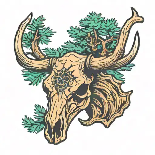 bull skull under pine tree tattoo design idea