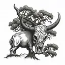 bull skull under tree tattoo design idea