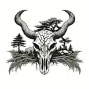 bull skull under pine tree tattoo design idea
