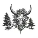 bull skull under pine tree tattoo design idea