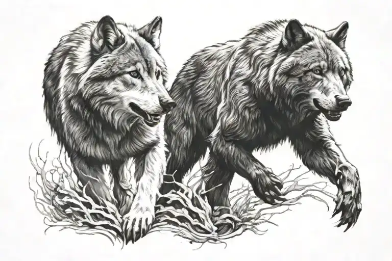 Wolf and bear playing tattoo design idea