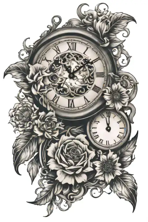 broken clock flowers intertwined tattoo design idea