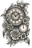 broken clock flowers intertwined tattoo design idea