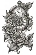 broken clock flowers intertwined tattoo design idea