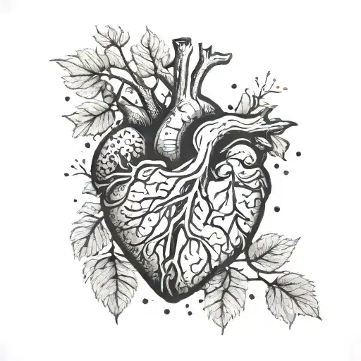 human heart in hand surrounded by tree branches  tattoo design idea