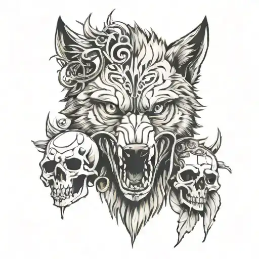 wolf and skull tattoo design idea