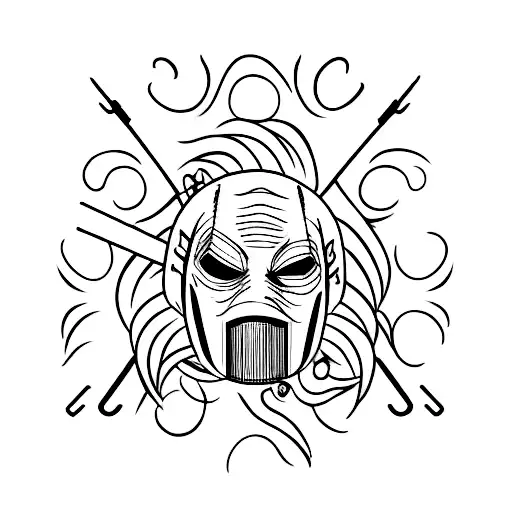 A minimalist tattoo of Slipknot masks forming a guitar shape tattoo design idea