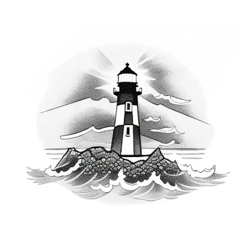 lighthouse with water and rocks, light rays are line work and fits into L shape tattoo design idea