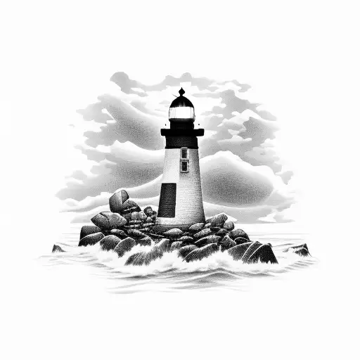 lighthouse with water and rocks, light rays are line work and fits into L shape tattoo design idea