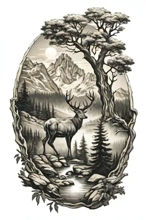 buck mountain scenery tattoo tattoo design idea