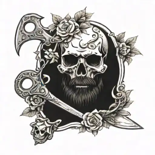 reflection of a bearded skull through a pair of bloodied shears against a background of wild roses tattoo design idea