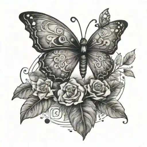 A nature-inspired tattoo with a butterfly and turtle motif, incorporating the letters C and M as part of the scenery tattoo design idea