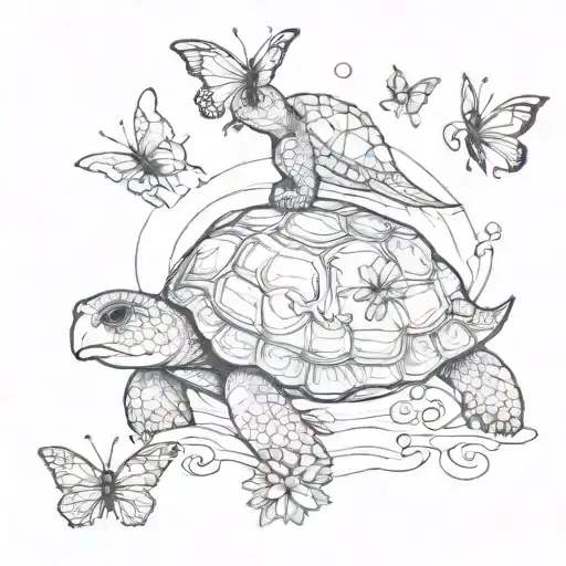 turtle and butterflies with the letter C and m tattoo design idea