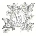turtle and butterflies with the letter C and m tattoo design idea