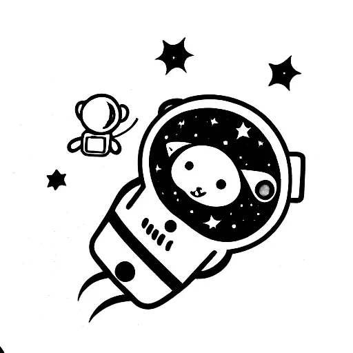 Kitten astronaut plays with the galaxy, stars, outline, black and white, illustration tattoo design idea
