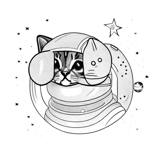 Kitten astronaut plays with the galaxy, stars, outline, black and white, illustration tattoo design idea