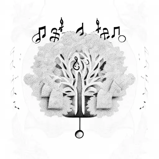 A family tree with musical notes as leaves and lyrics as branches tattoo design idea