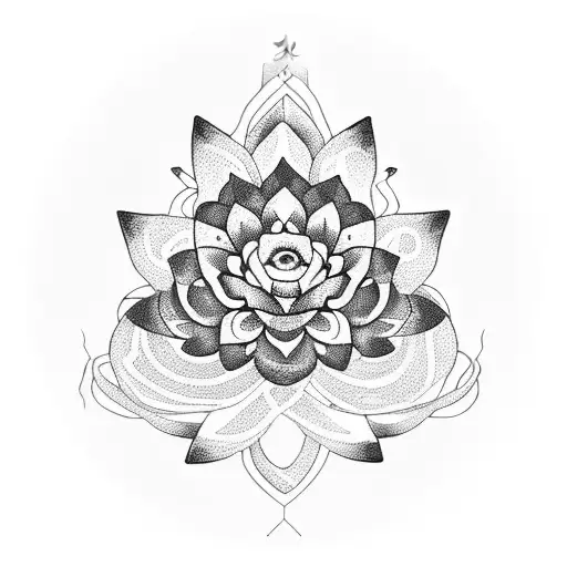 A serene meditating snake spiderweb surrounded by delicate lotus flowers tattoo design idea