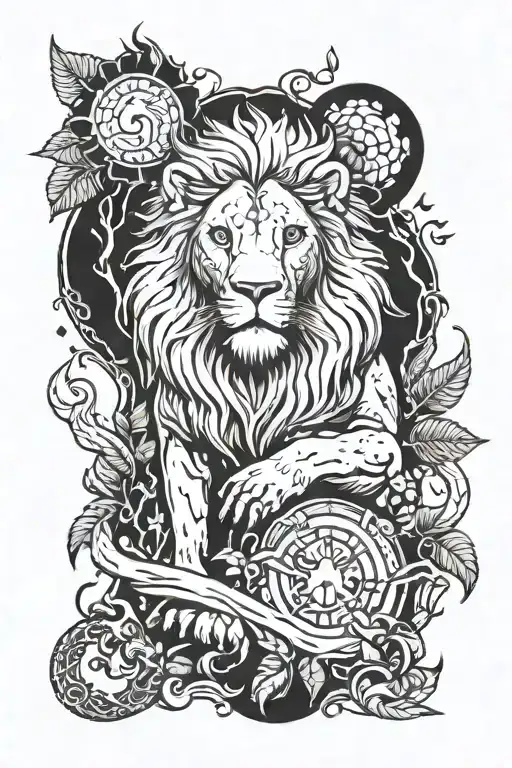 leo zodiac sign,  surrounded by mythical creatures, forest. tattoo design idea