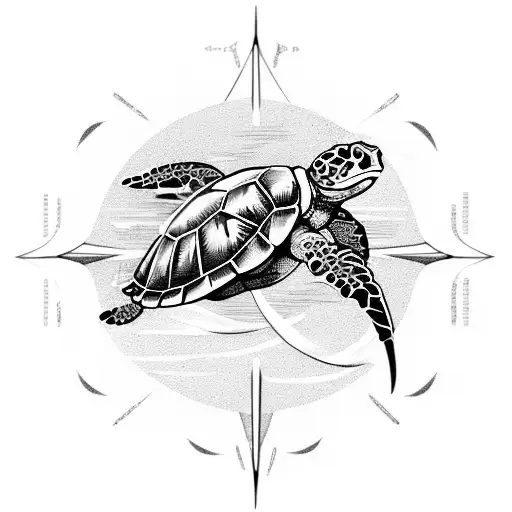A majestic sea turtle swimming alongside a compass with a boat in the background tattoo design idea