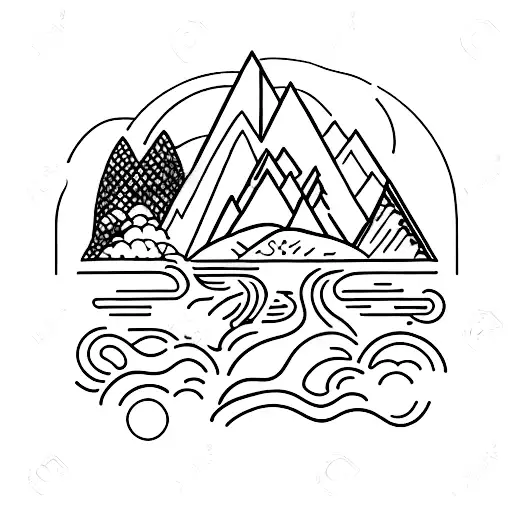A traveler exploring a mystical devotional place surrounded by mountains and nature tattoo design idea