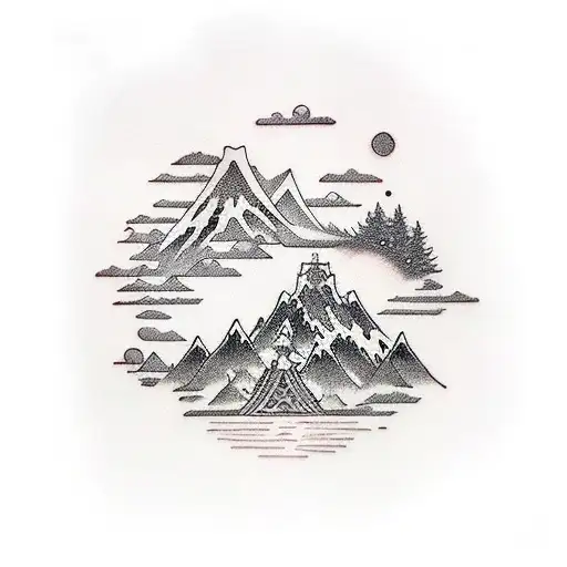 A traveler exploring a mystical devotional place surrounded by mountains and nature tattoo design idea