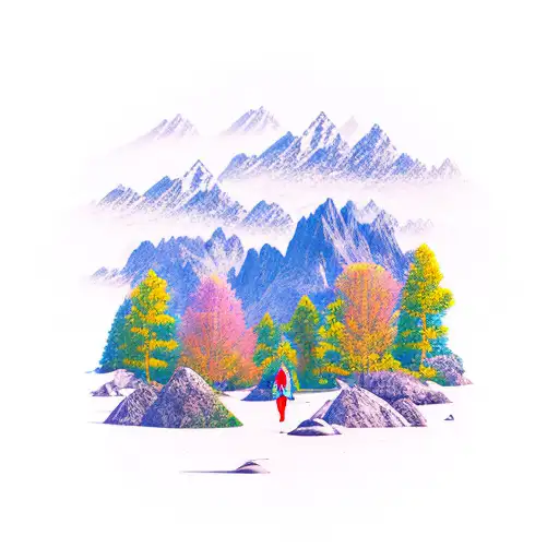 A traveler exploring a mystical devotional place surrounded by mountains and nature tattoo design idea