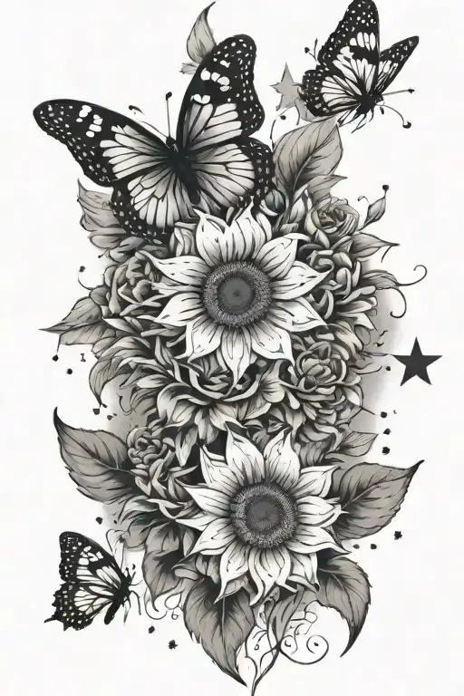  sunflowers with galaxy /stars in center butterfly and skulls lunar tattoo design idea