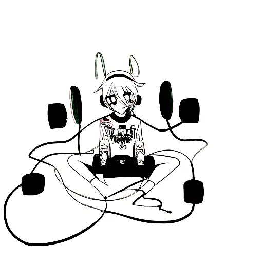 A minimalist tattoo of an anime character wearing headphones and holding a controller, combining the client's love for anime, music, and gaming tattoo design idea