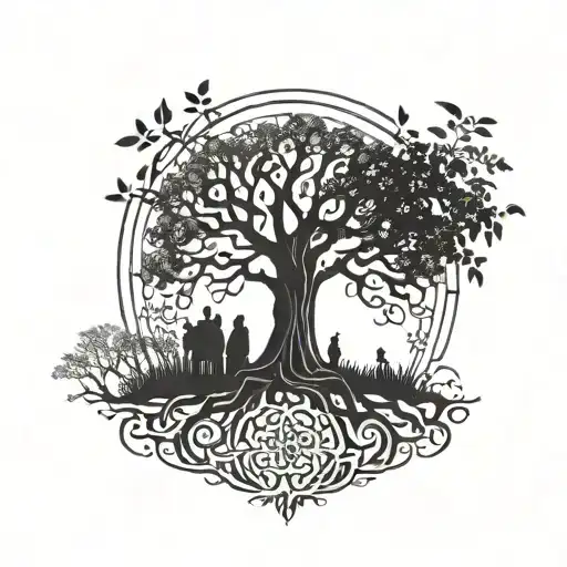 tree of life with 9 dates incorporated representing 4 great grandparents, 2 grandparents, 2 parents, and a son.  tattoo design idea
